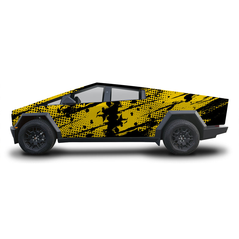 A Cybertruck-style pickup truck shown in side profile on a light gray background, wrapped in a bold yellow and black graphic pattern with black wheels and trim.