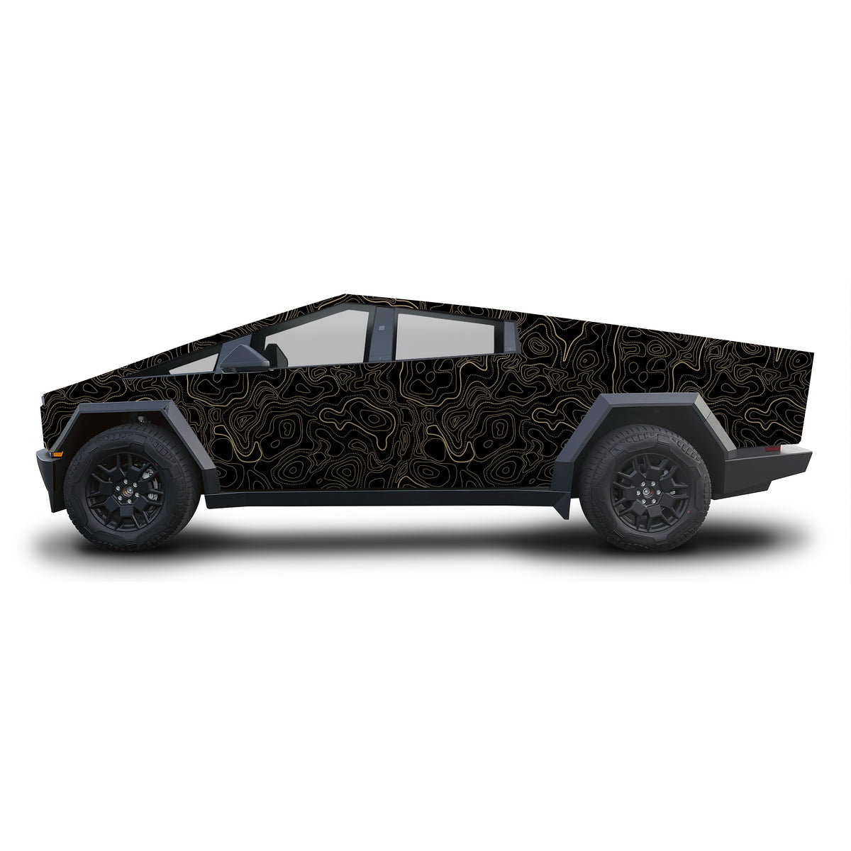A side profile view of a Cybertruck-style pickup truck with a black wrap featuring a gold topographic contour line pattern, set against a plain white background.