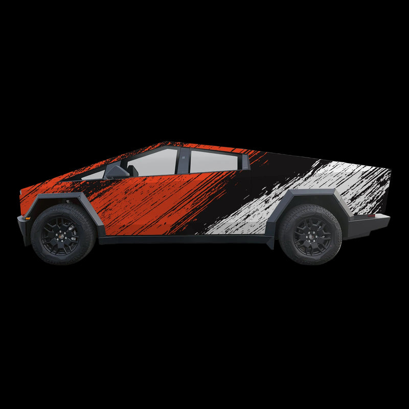 A side profile view of a Cybertruck-style pickup truck with a bold wrap design featuring textured orange, black, and white brushstroke patterns, set against a plain white background.