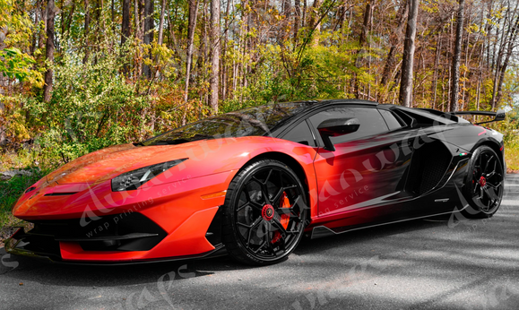 Sports car in a high-gloss printed wrap, showing the reflective finish of gloss lamination