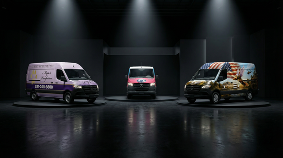 Three wrapped fleet vans lined up, each printed with the same brand graphics
