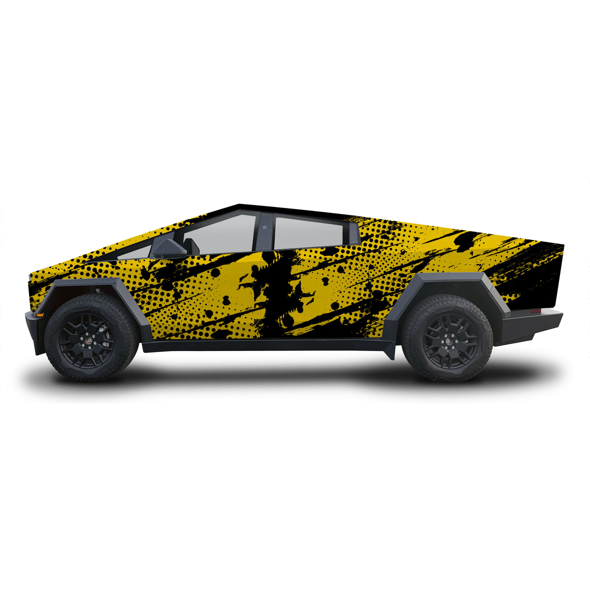 A Cybertruck-style pickup truck shown in side profile on a light gray background, wrapped in a bold yellow and black graphic pattern with black wheels and trim.
