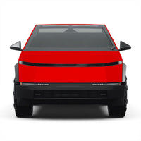 Front view of the red Crimson Rift Tesla Cybertruck hood and front wrap
