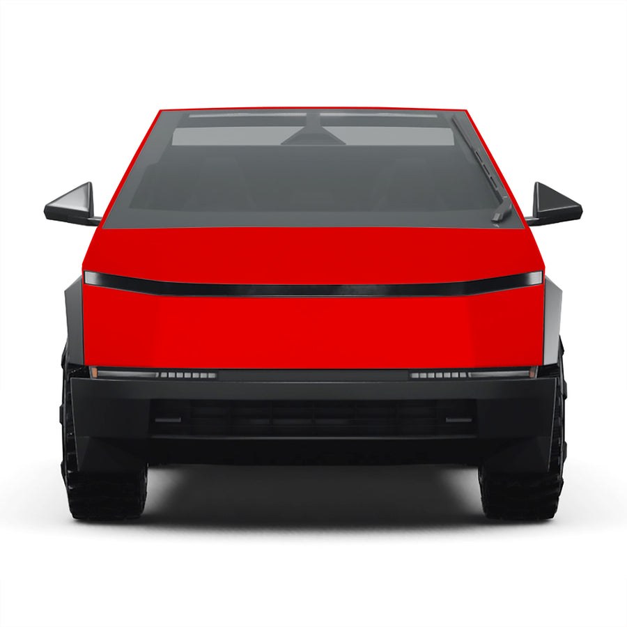 A side profile view of a Cybertruck-style pickup truck with a bold red and black paint scheme, featuring a large black brushstroke graphic across the side, set against a plain white background.