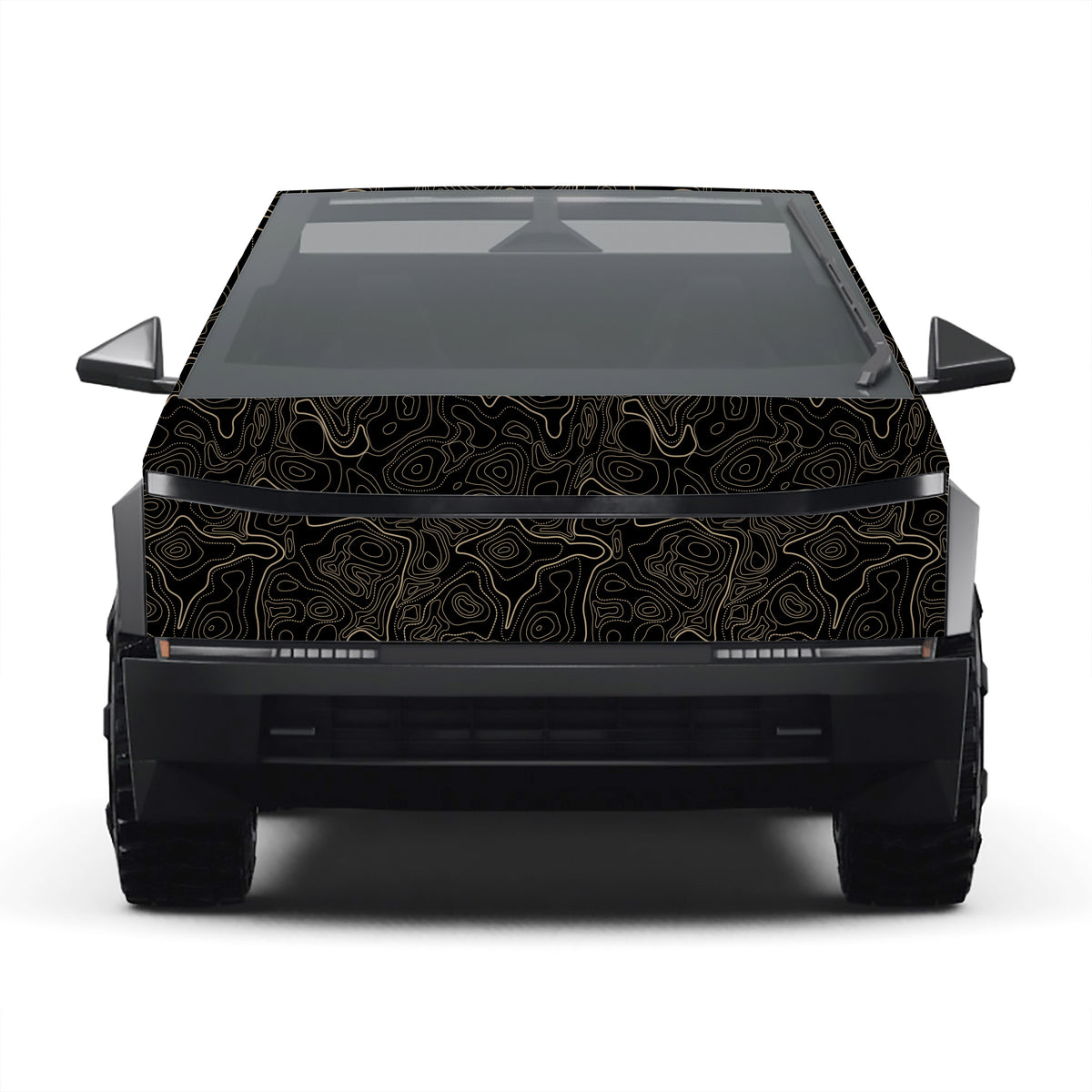 A front-facing view of a black vehicle with a custom vinyl wrap featuring a gold topographic contour line pattern on the hood, roof, and rear panel, set against a plain white background.