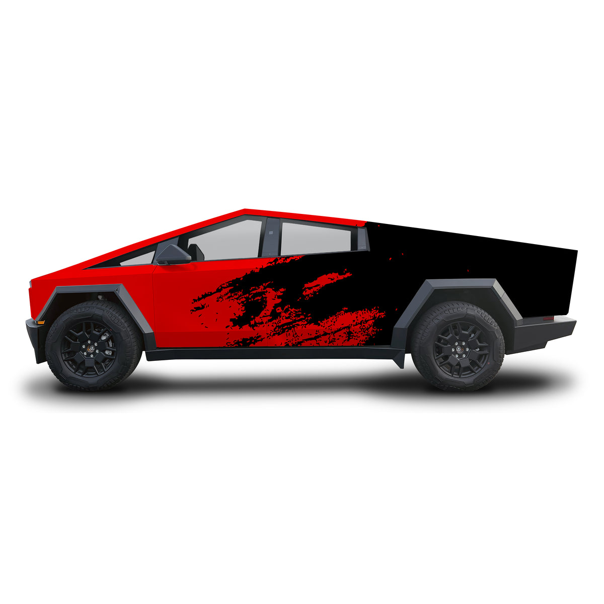 A side profile view of a Cybertruck-style pickup truck with a bold red and black paint scheme, featuring a large black brushstroke graphic across the side, set against a plain white background.