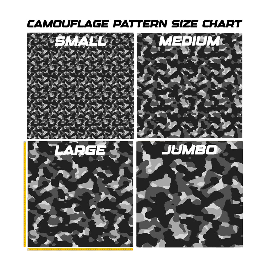 A roll of camouflage-patterned material, partially unrolled to show a black, gray, and white camo design on a clean white background.
