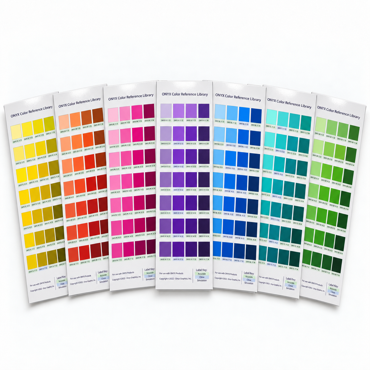 Swatch book pages by color family